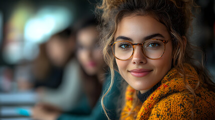 Confident young woman with glasses smiles gently at the camera.