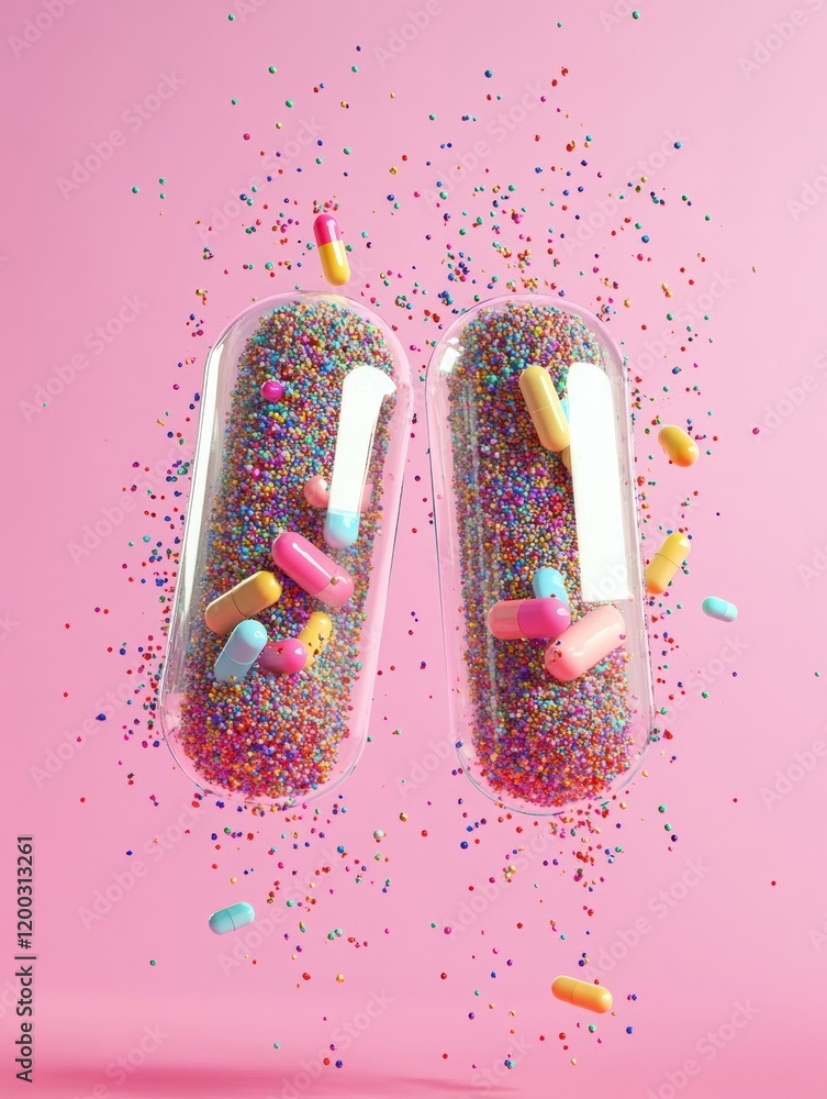 Leinwandbilder colorful particles burst from a split capsule against a pink background showcasing creativity and im