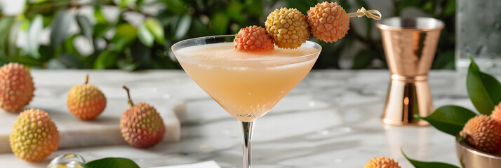 Refreshing Lychee Martini Cocktail: A Vibrant Presentation of Ingredients and Recipe Card