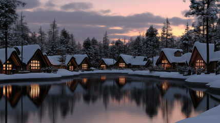 Obraz premium Snowy Village by a Lake at Dusk
