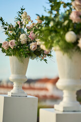 Wedding bouquet of pink flowers. wedding table decor. festive table setting. festive table decoration.