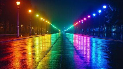 色温度で虹を描く一列の街灯が照らす夜のストリート