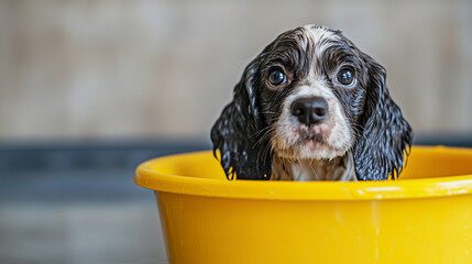 Fototapeta premium Adorable puppy with wet fur sitting in a yellow bucket, looking curiously at the camera
