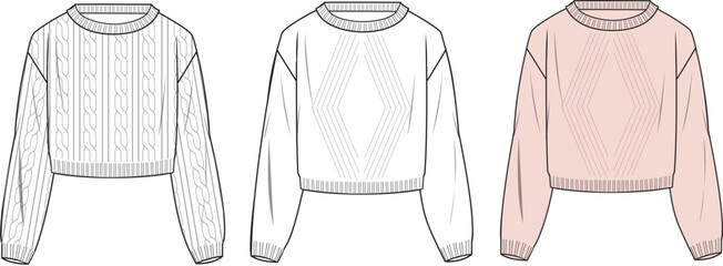 Women's Cable, Crop Jumper. Technical fashion illustration. Front, white and pink color. Women's CAD mock-up.