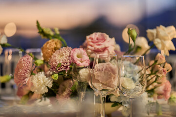 Wedding bouquet of pink flowers. wedding table decor. festive table setting. festive table decoration.