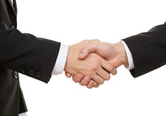 A close-up of a handshake between two individuals wearing formal suits, symbolizing agreement and professionalism isolated on white background