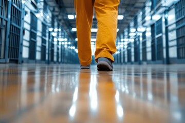 Fototapeta premium A person walks through a deserted prison corridor, emphasizing themes of isolation, confinement, and movement as they reflect on their experiences and surroundings.