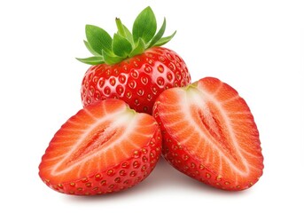 Two vibrant red strawberries with green leaves on top isolated on white background
