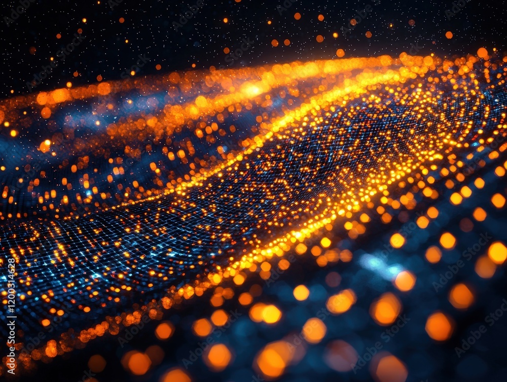 Poster abstract glowing particles wave form. orange and blue bokeh lights. digital network data flow. perfe