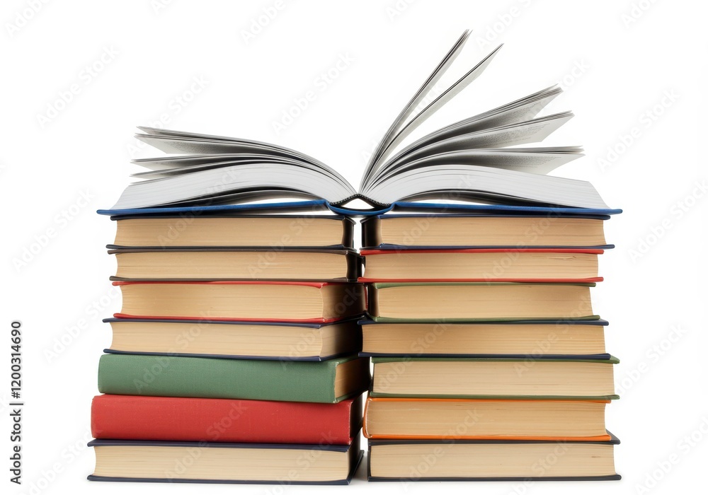 Poster a stack of hardcover books with varying colors topped by an open book with its pages slightly curled
