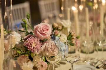 Wedding bouquet of pink flowers. wedding table decor. festive table setting. festive table decoration.