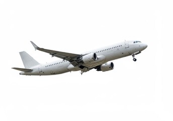 A modern commercial airplane in mid-flight with clean white exterior and visible windows isolated on white background