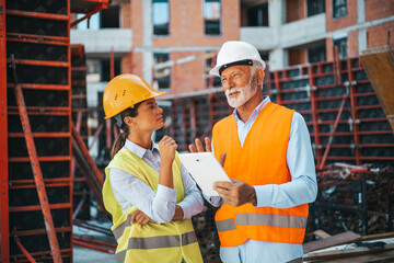 Construction Workers Collaborating and Reviewing Plans at a Building Site