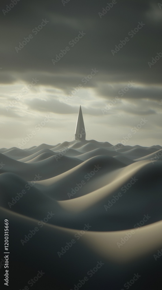 Poster a tall building is on a beach with a cloudy sky in the background