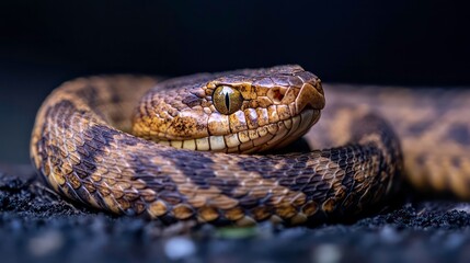 Obraz premium A snake is curled up on the ground. The snake is brown and black. The snake is not moving. Black background