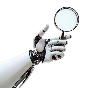 Isolated Robotic Hand Holding Magnifying Glass