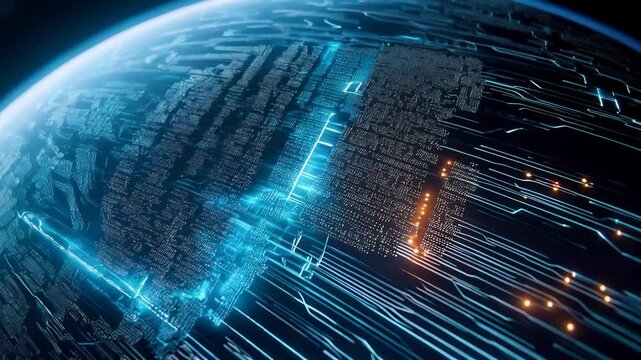 A futuristic satellite orbiting Earth, transmitting glowing streams of data to multiple global locations, with AI algorithms visualized as holographic patterns managing the flow.