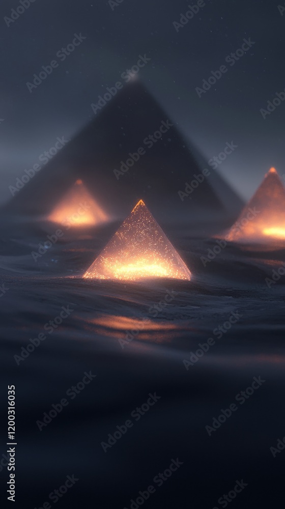 Poster a close up of three pyramid shaped objects with a light inside