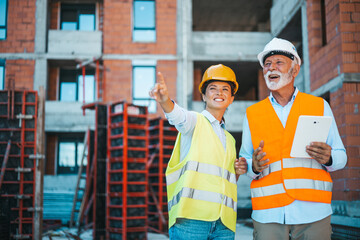 Two Architects Discuss Construction Plans on a Building Site in Safety Gear