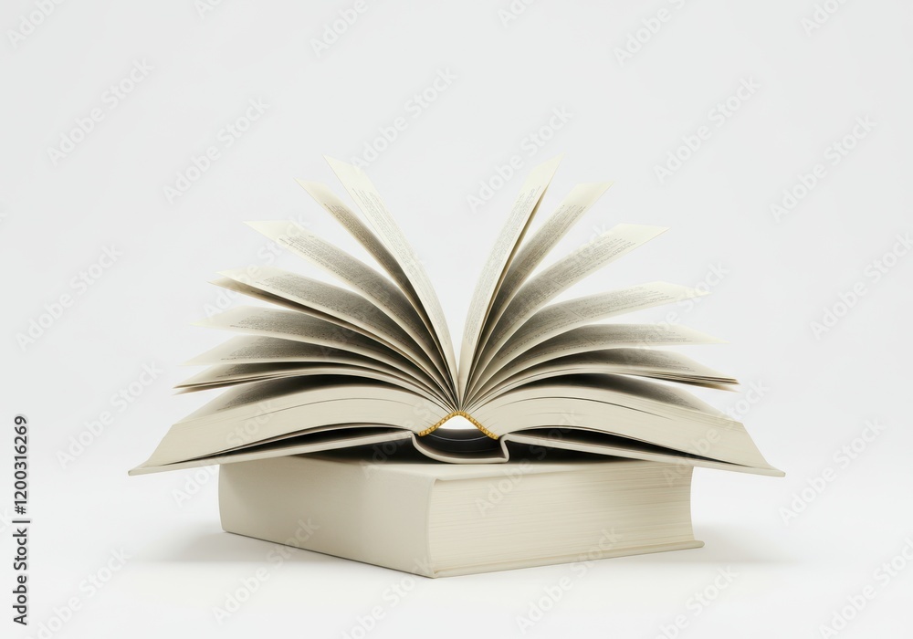 Poster an open book with fluttering pages resting on a closed book isolated on white background