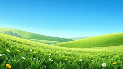 A verdant meadow bursts to life at eye level, where lush, emerald grass cradles delicate daisies dancing across a sunlit landscape. White petals scatter like whispers in nature's embrace