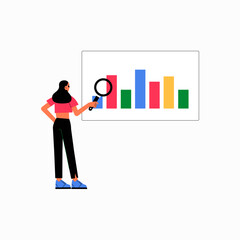 Female Character Analyzing Bar Graph With Magnifying Glass In Flat Vector Illustration Symbolizing Data Analysis And Business Insights, Isolated On White Background