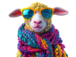 Isolated Sheep with Sunglasses and Knitted Scarf