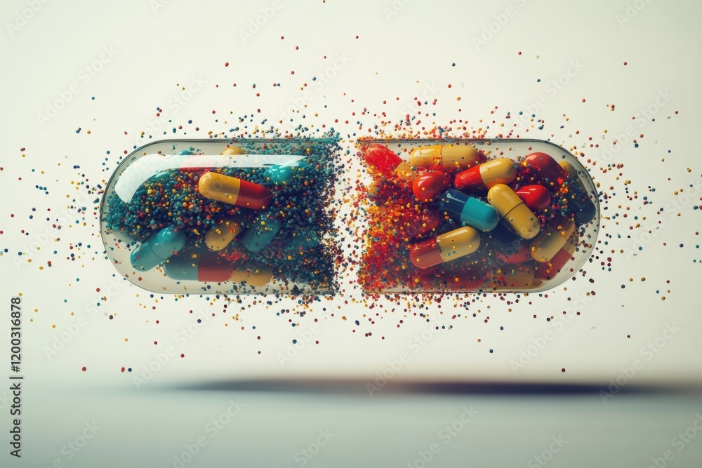 Aufkleber colorful particles burst from a split capsule showcasing a vibrant display of creativity and energy.
