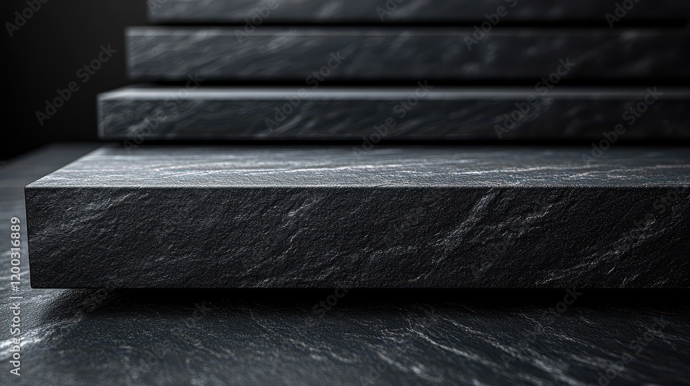 Poster close-up of textured black slate surfaces stacked in a modern arrangement.