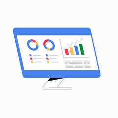 Computer Display With Data Charts And Analytics In Flat Vector Illustration Symbolizing Business Performance And Reporting, Isolated On White Background