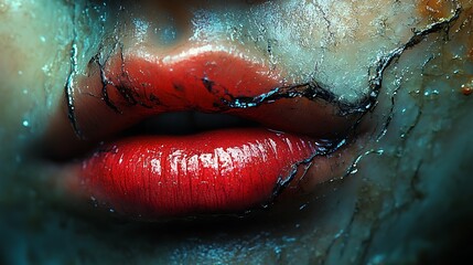 Obraz premium Close-up cracked skin, red lips, artistic makeup