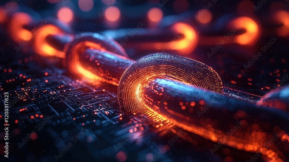 Poster a glowing chain links technology and security. ideal for blockchain, cybersecurity, or data protecti