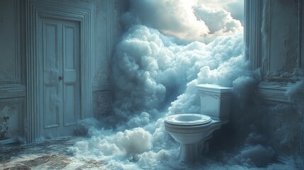 Clouds flood elegant bathroom; surreal dreamscape