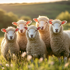 Five sheep in a field at sunset