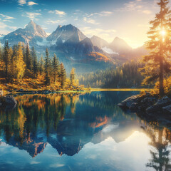 Serene Alpine Lake at Sunrise with Autumn Colors