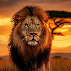 Majestic Lion King at Sunrise in African Savanna