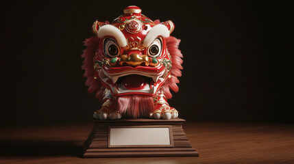 Obraz premium Vibrant depiction of a 3d sculpture of a traditional lion dance mask, painted in red and gold, placed on a wooden base with a blank plaque for customization.