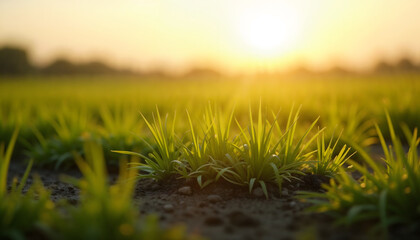 Fototapeta premium Fresh green sprouts in a meadow illuminated by golden sunrise light, clear sky above