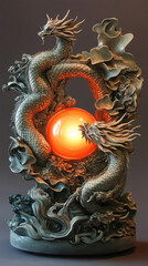 Fototapeta premium Classic depiction of this is a 3d ceramic sculpture of a dragon and phoenix encircling a glowing red pearl, creating a sense of mystery and magic.