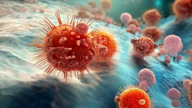 This background delves into the fascinating world of 3D microscopic views of cells and viruses. It also shows the concepts of nanotechnologies and immunotherapy. AI-generated
