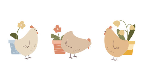 Chickens and flowerpots vector clipart. Set of spring flower pots with flowers and farm. Hand drawn illustration on transparent background. Perfect for kids designs, postcards, baby shower.
