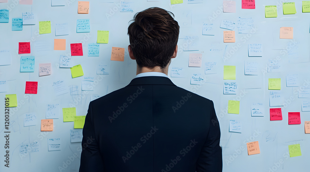 Poster a suited individual stands in front of a wall covered with colorful sticky notes, symbolizing brains