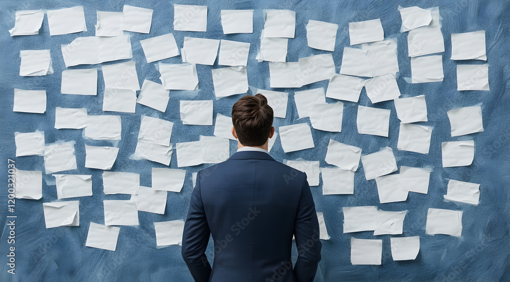 Poster a man in a suit stands in front of a wall covered with scattered notes, deep in thought, contemplati