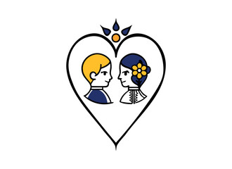 Folk Art Couple Embrace in Heart Design - Vintage Style Illustration