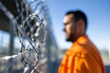 A solitary prisoner stands behind barbed wire, symbolizing confinement and isolation, with a blurred background highlighting the stark reality of prison life.