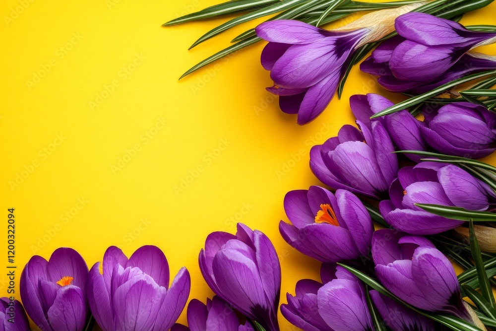 Poster a flat lay of beautiful spring crocus flowers with a card on a colorful backdrop. space for text