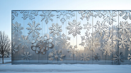 雪の結晶を拡大したデザインが施された建物の壁面