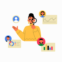 Female Character Conducting Team Research With Data and Profile Icons in Flat Vector Illustration Symbolizing Recruitment, Analytics, and Human Resources, Isolated on White Background