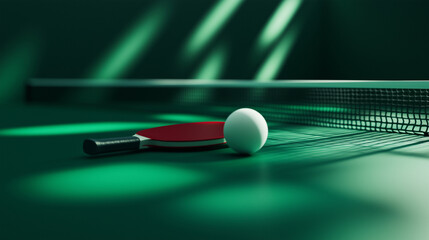 A minimalist yet dynamic sports shot with ping pong paddles leaning against the edge of a green table, and a ball resting in front of them, the net's texture sharply in focus
