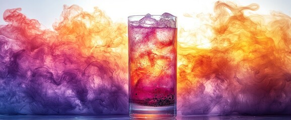 Colorful drink in glass, smoke background, refreshment